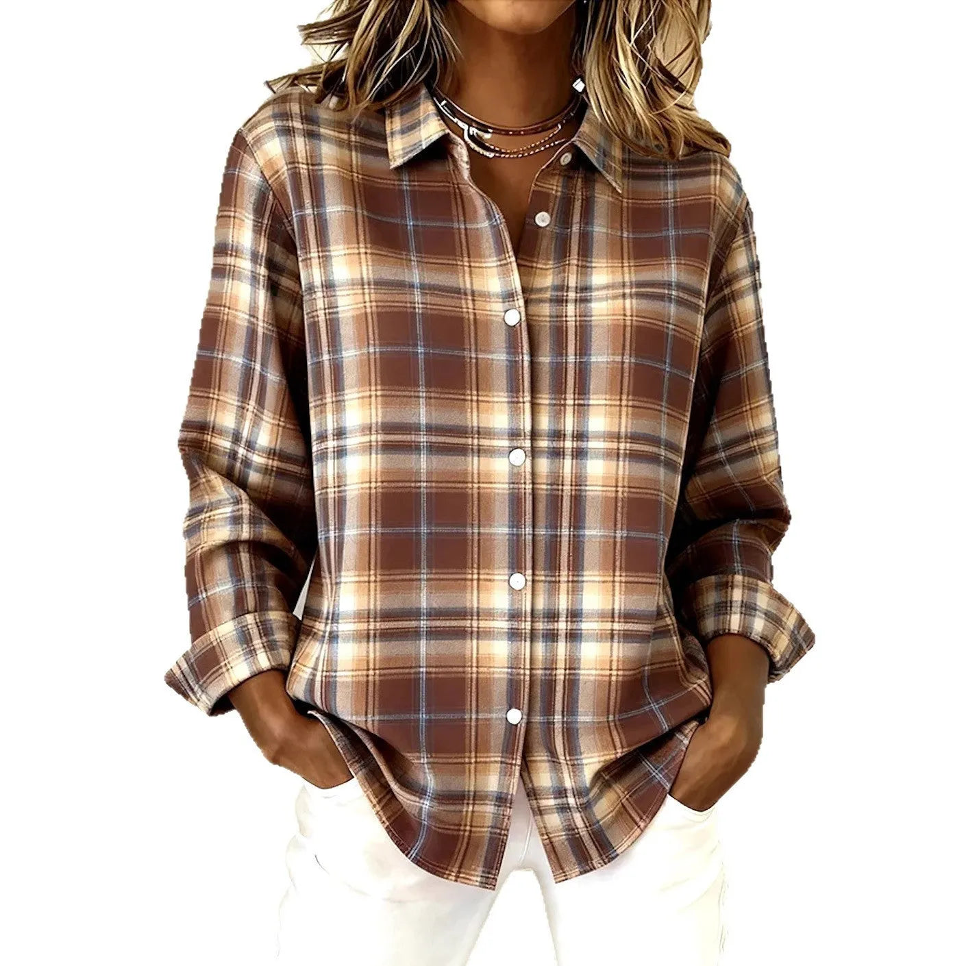 Women's long-sleeved lapel plaid button shirt top in polyester cotton blend, retro cardigan style, light brown colour