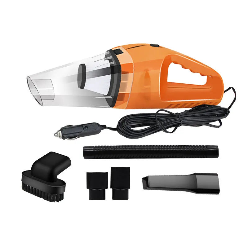 Orange handheld car vacuum cleaner with nozzle, 12V plug and cord for interior cleaning.