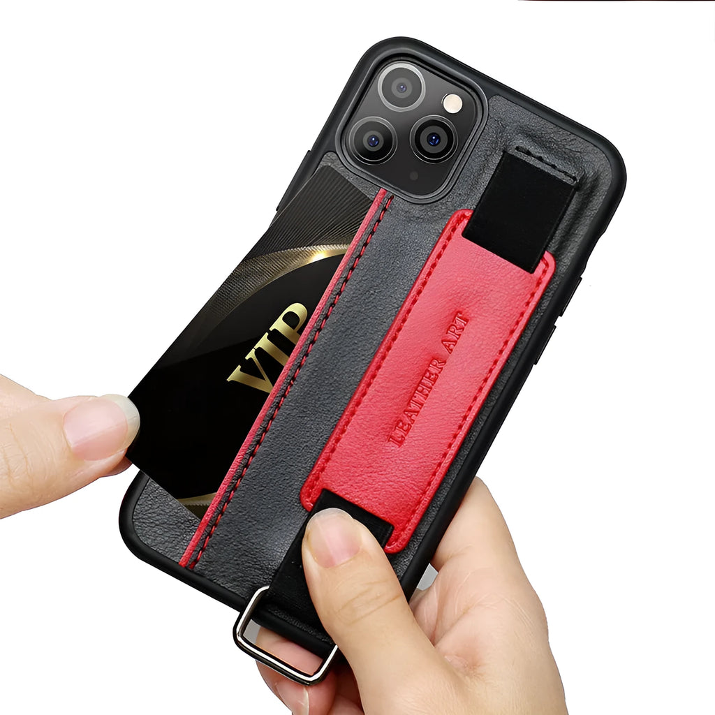 Brown imitation leather iPhone case with a wristband strap looped around a hand.