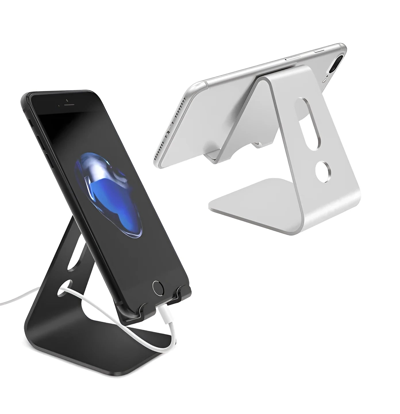 Aluminium Universal Phone Buddy stand holding a mobile phone, shown in silver finish.