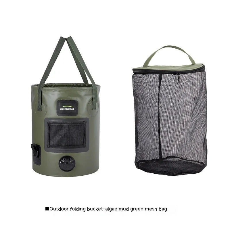 Folding fishing bucket in lemon yellow with optional mesh net pocket, showing 25-litre capacity and collapsed position
