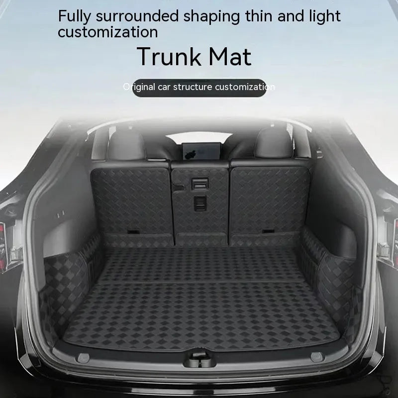 Leather trunk mat for Tesla Model 3 and Model Y vehicles in black colour