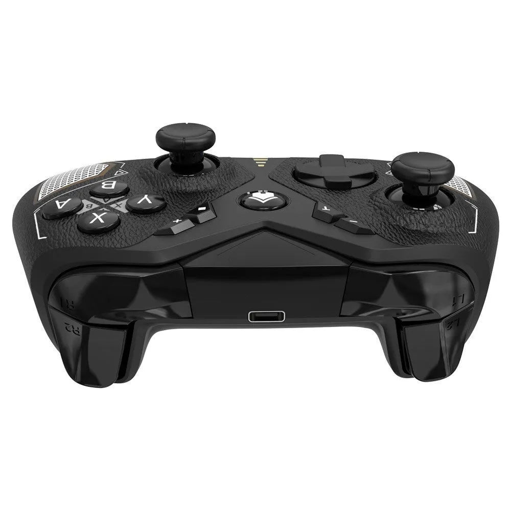 Black wireless game controller with leather-pattern texture on handles for Nintendo computers and mobile phones.