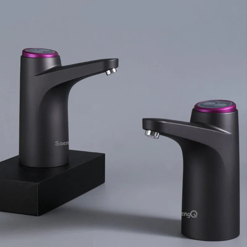 Dark grey touch automatic desktop water dispenser with USB charging and 50cm water pipe on kitchen countertop