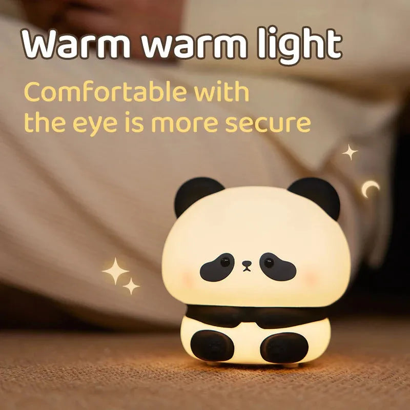 Cute panda LED night light with soft silicone exterior, USB rechargeable, touch control