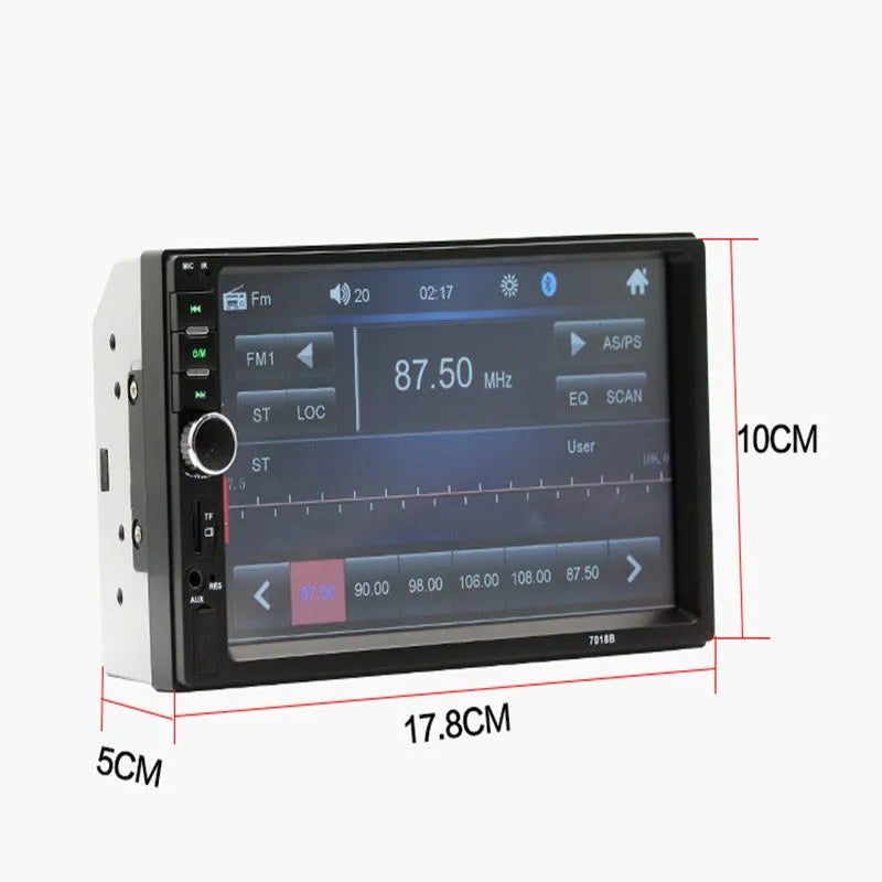 Black 7-inch dual spindle vehicle MP5 player with Bluetooth and reversing function on car dashboard