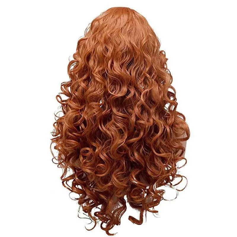Brown and red long wavy curly wig with instant noodles fluffy texture for Halloween cosplay