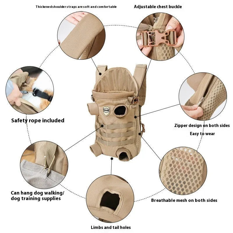 Khaki polyester pet backpack for medium dogs, available in M and L sizes