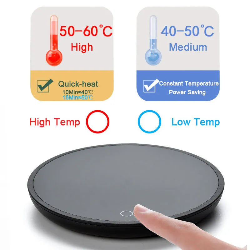 Black circular cup warmer with temperature control buttons on side