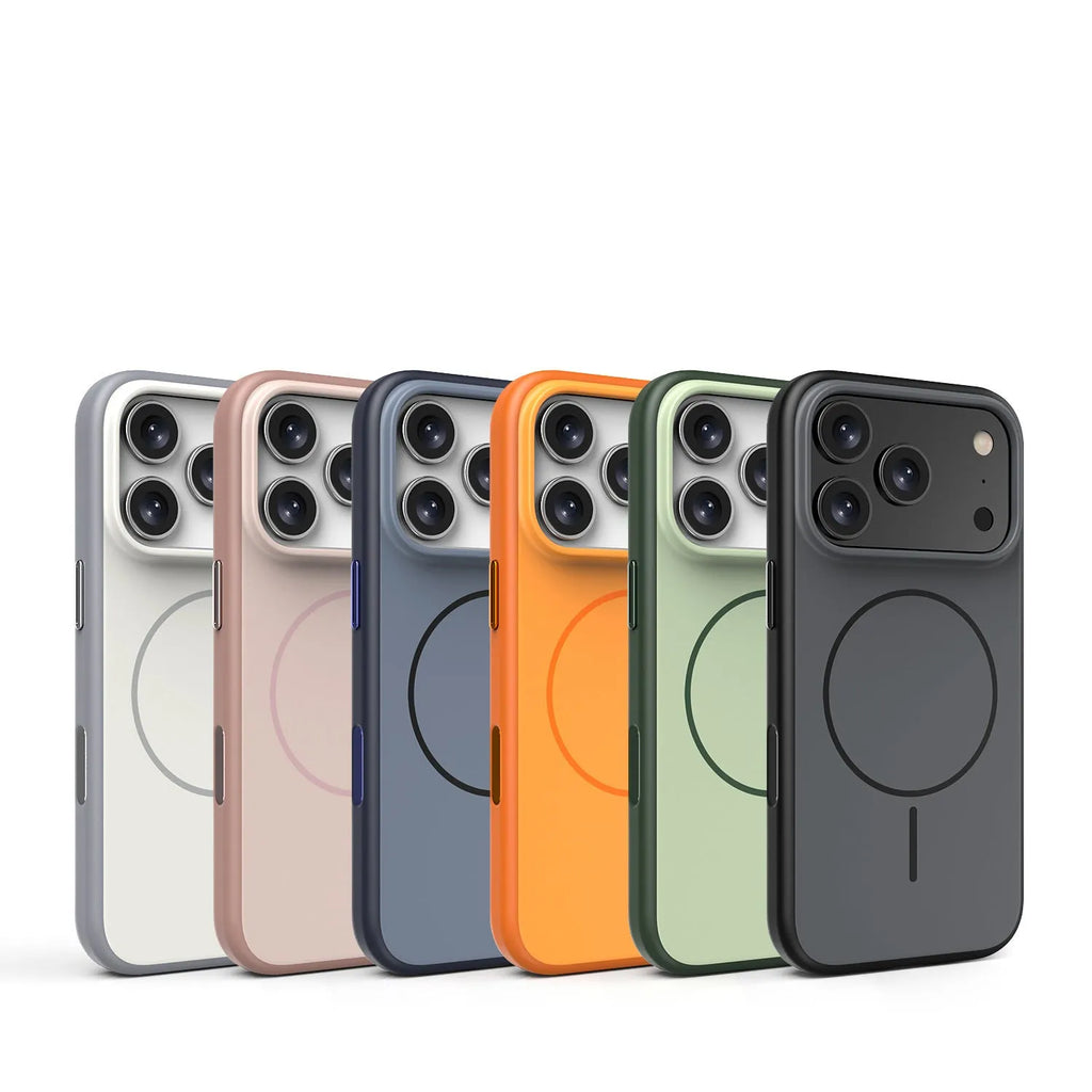 Frosted magnetic TPU phone case for iPhone 17 series, matte finish, available in six colours including black and blue