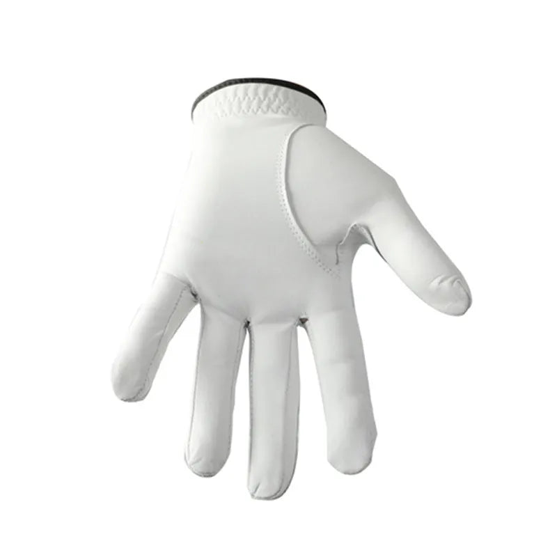 Men's white half sheepskin leather golf glove showing palm with non-slip grip.