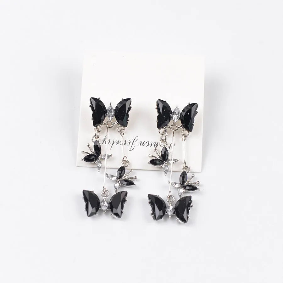 Butterfly fringe earrings in alloy and glass with electroplated finish, 1.8 x 5.3cm, light luxury style