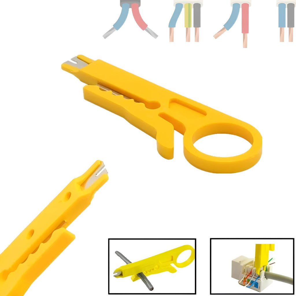 Yellow rubber-handled mini wire stripper tool with metal clamp for 0.6mm cables