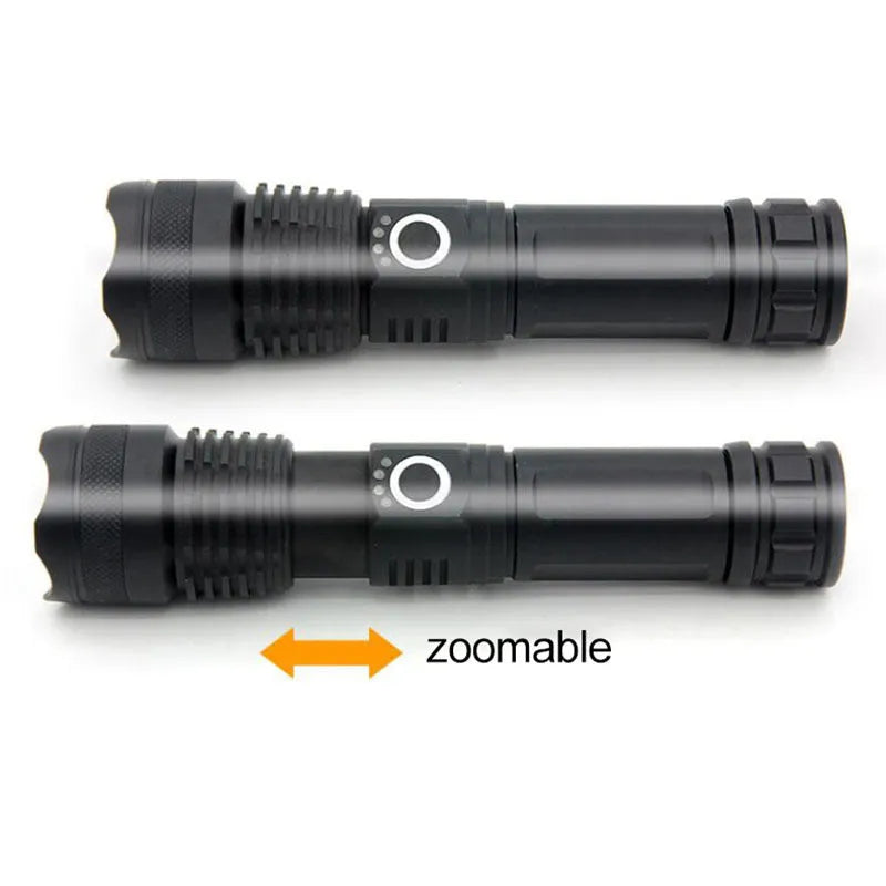 USB charging Zoom P50 flashlight with XHP50 bulb, telescopic zoom, aluminium shell, waterproof, drop-resistant, five light modes