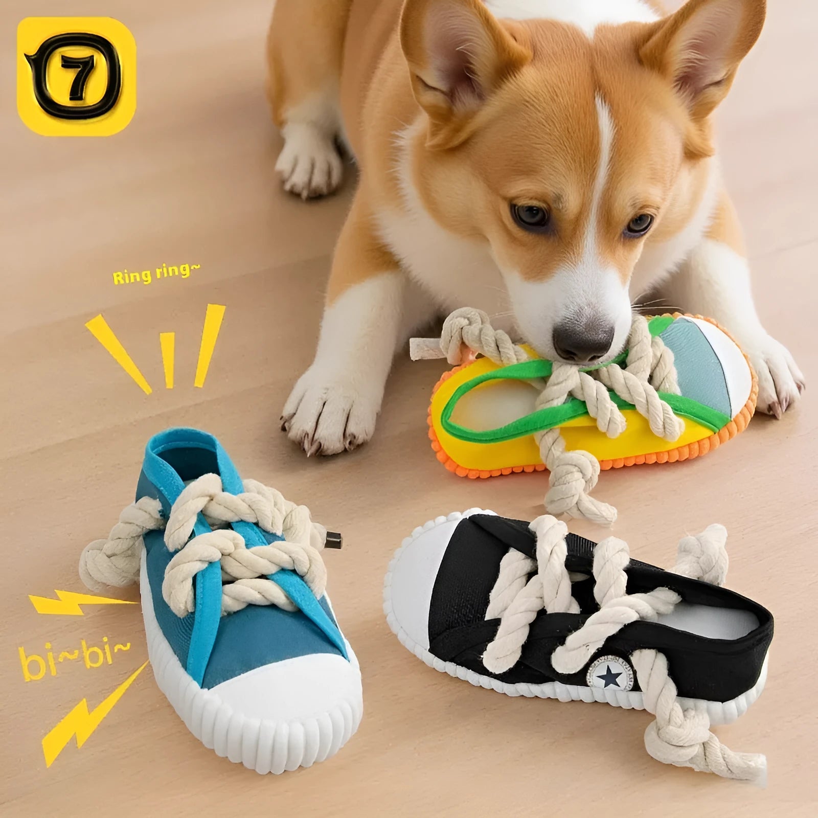 Colourful plastic dog chew toy with bends and squeaker for dental exercise