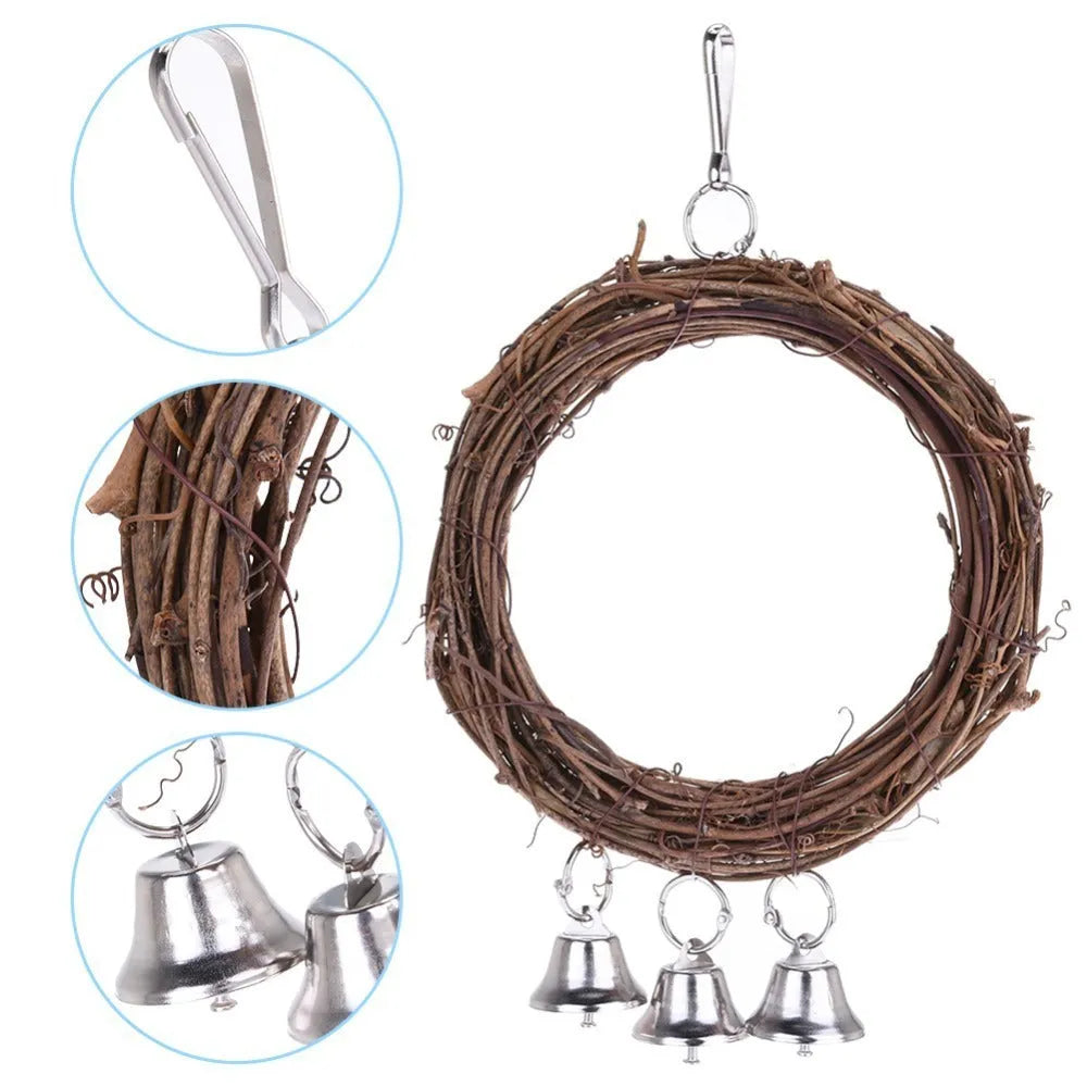 Natural rattan parrot swing measuring 26x16cm in brown, attached to cage bars
