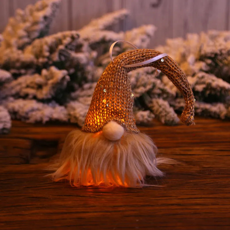 Handmade Swedish gnome LED Christmas tree ornament with warm light, yarn plush body 8x20cm beige colour