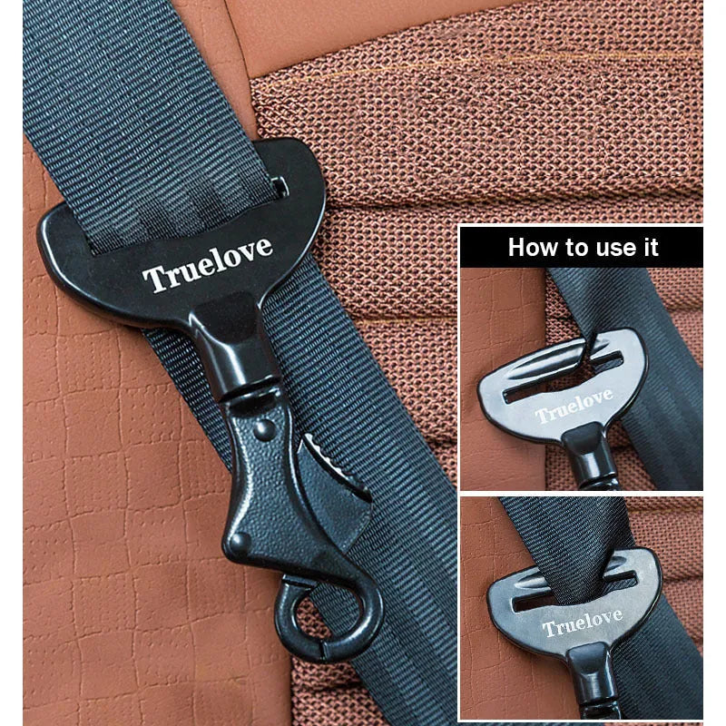 Black aluminium alloy pet car safety buckle with clip on a car seat belt