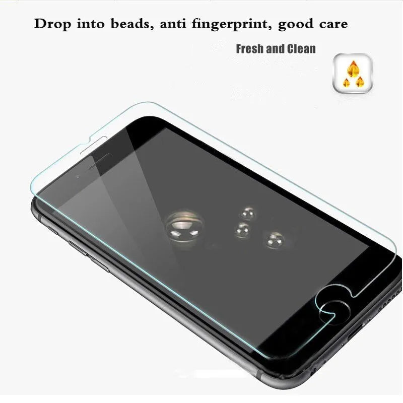 Tempered glass screen protector for mobile phones with 9H hardness and oleophobic coating.