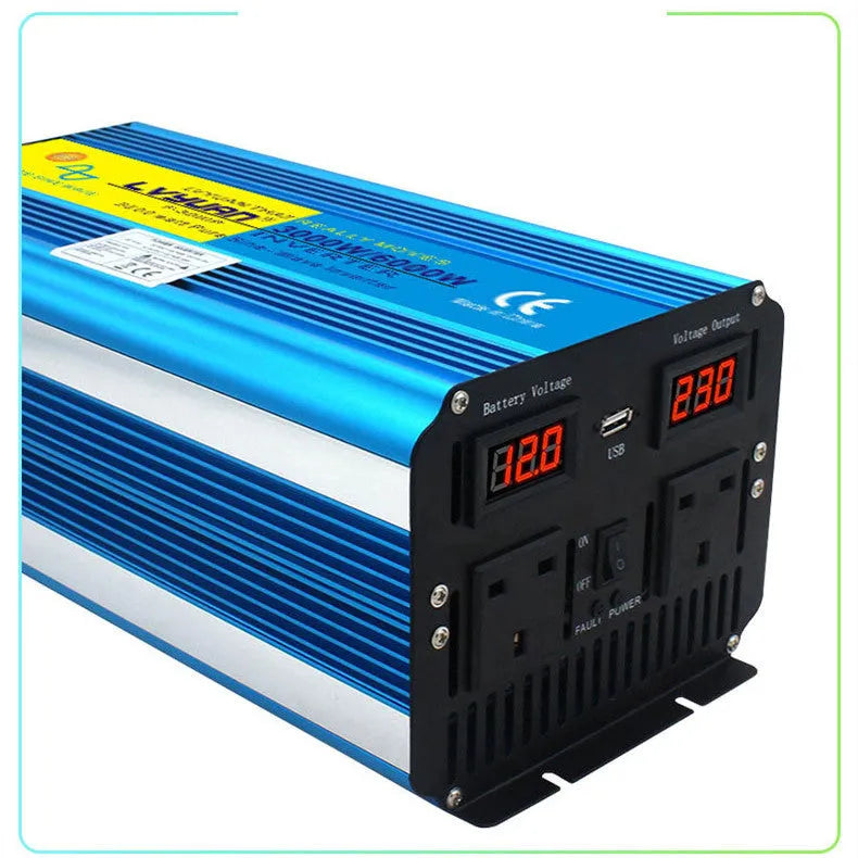 Blue 3000W pure sine wave car power inverter with digital display and UK plug socket