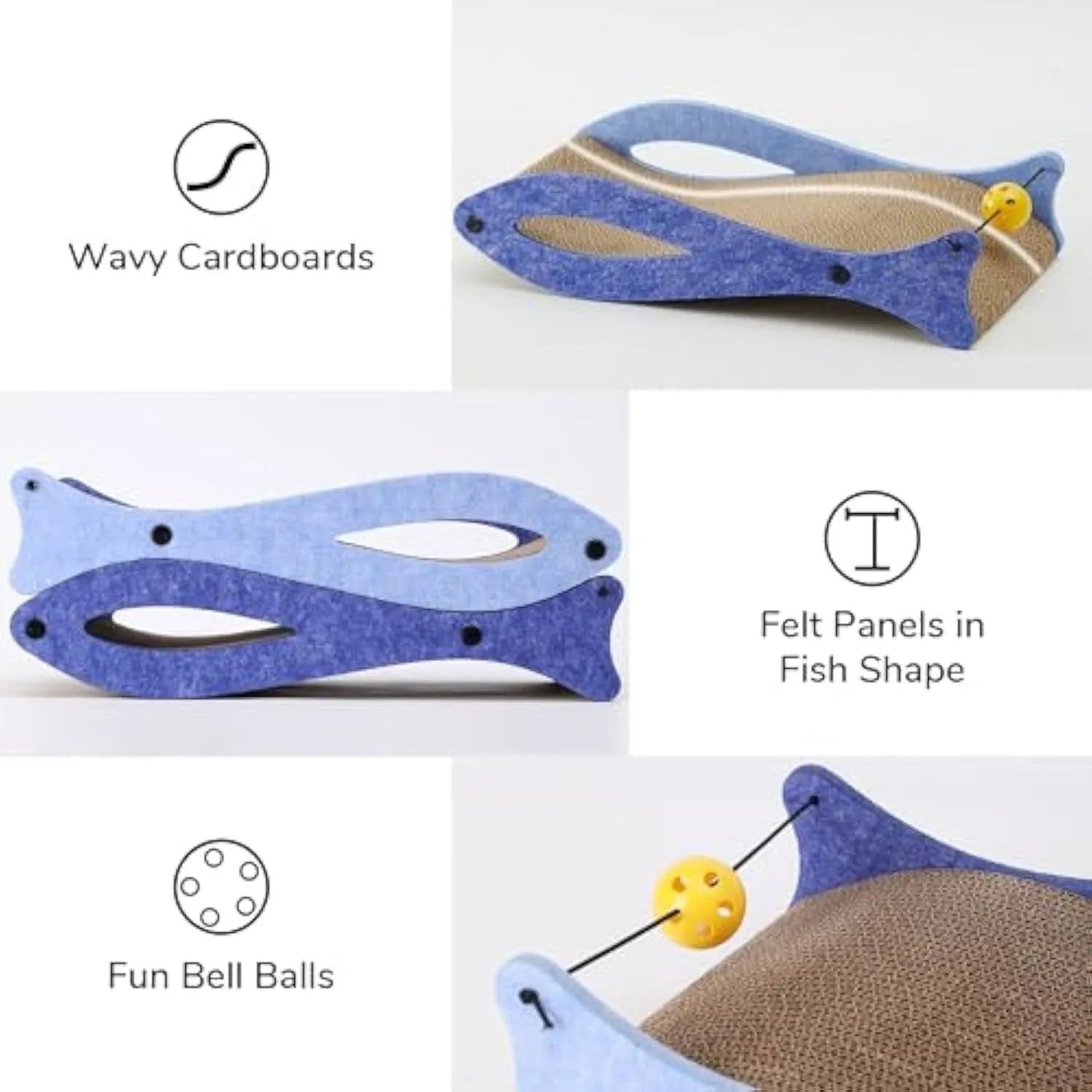 Blue fish-shaped cardboard cat scratcher lounger with a dangling bell ball toy.