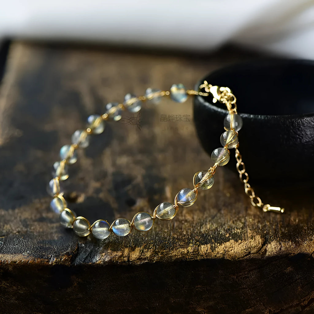 Women's bracelet with 6mm natural moonstone crystals and 14K gold-plated metal elements