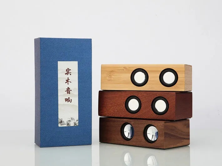 Retro wooden Bluetooth speaker in bamboo, black walnut or sapele wood finish showing USB port