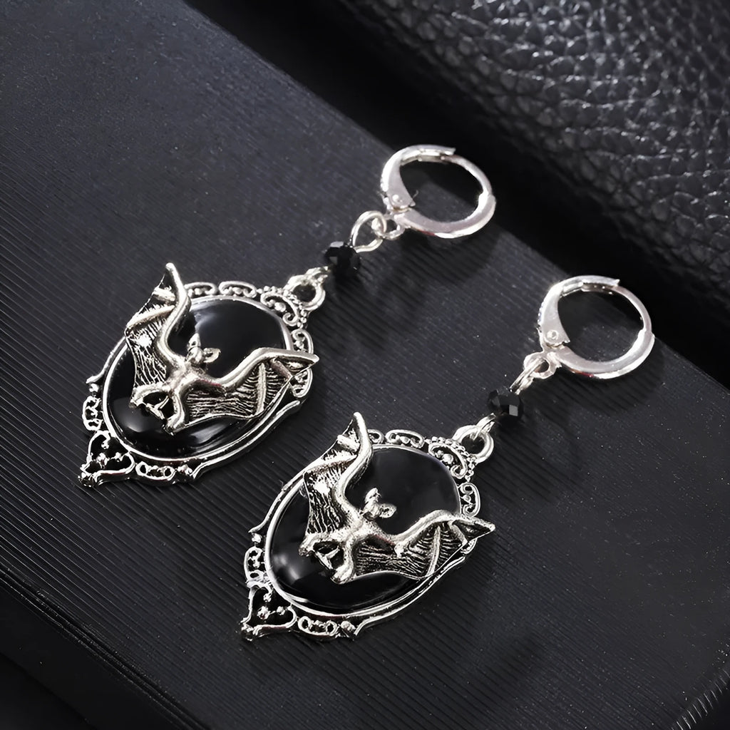 Black alloy Halloween bat earrings with electroplated finish and inlaid gems, unisex style