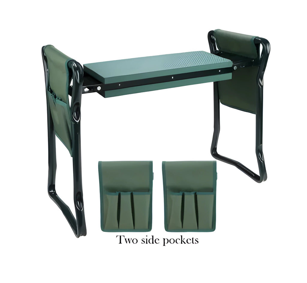 Foldable green garden kneeling bench with metal frame and two side pouches on lawn