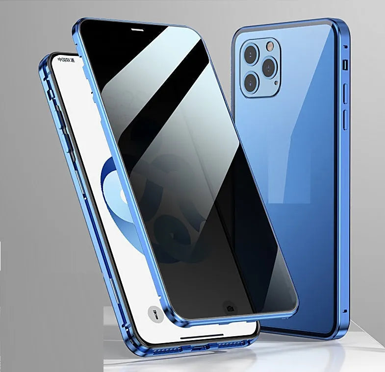 Double-sided tempered glass metal frame magnetic phone case for iPhone with anti-spy privacy front, available in gold