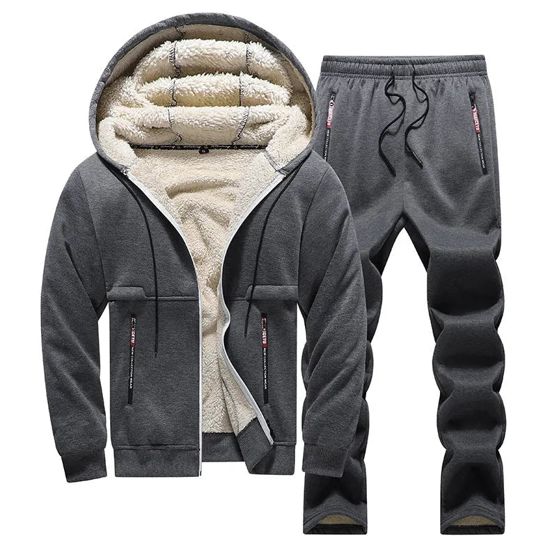 Fleece-lined thickened men's tracksuit in dark gray with hooded top and long trousers