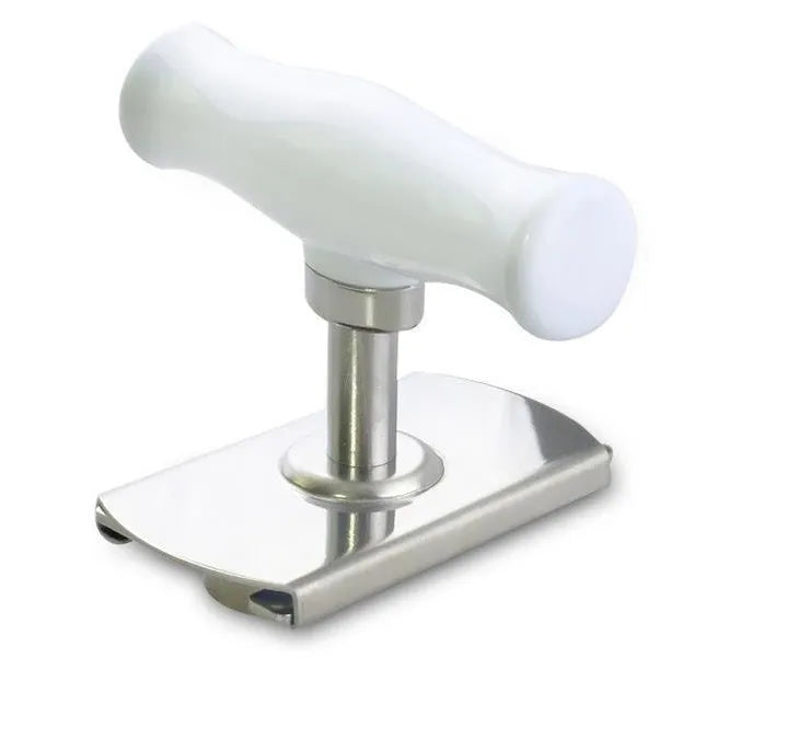 White stainless steel manual adjustable bottle opener with gear design on a table