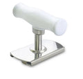 White stainless steel manual adjustable bottle opener with gear design on a table