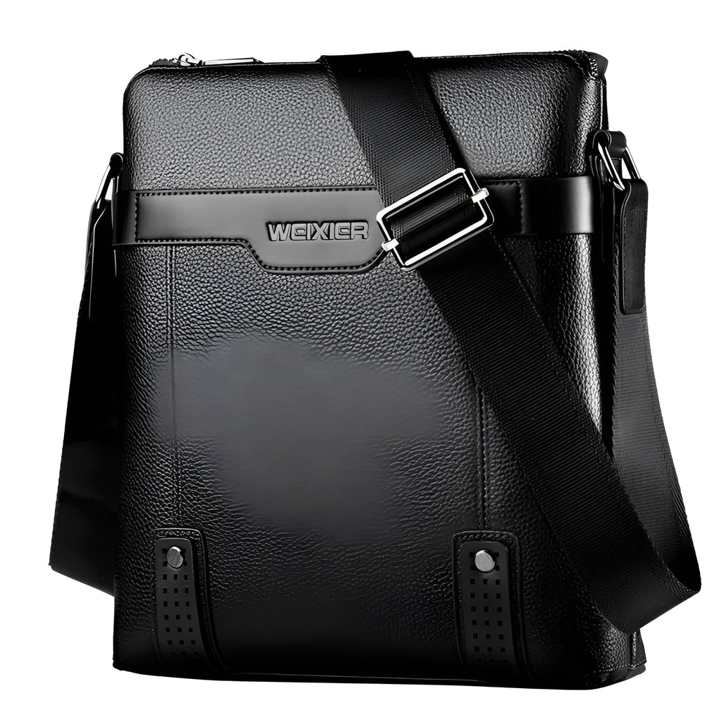 Men's PU leather messenger bag in black with zipper closure, soft body, and crossbody strap.