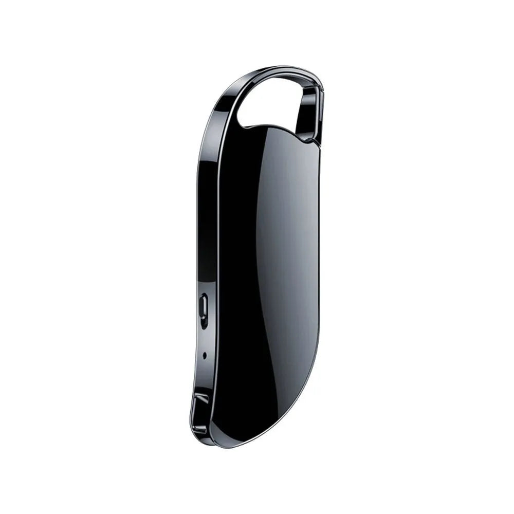 Keychain digital voice recorder in silver metal shell with keyring attachment