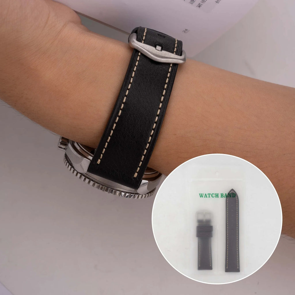 Retro pure cowhide leather watch strap with pin buckle in brown steel buckle finish 20mm width