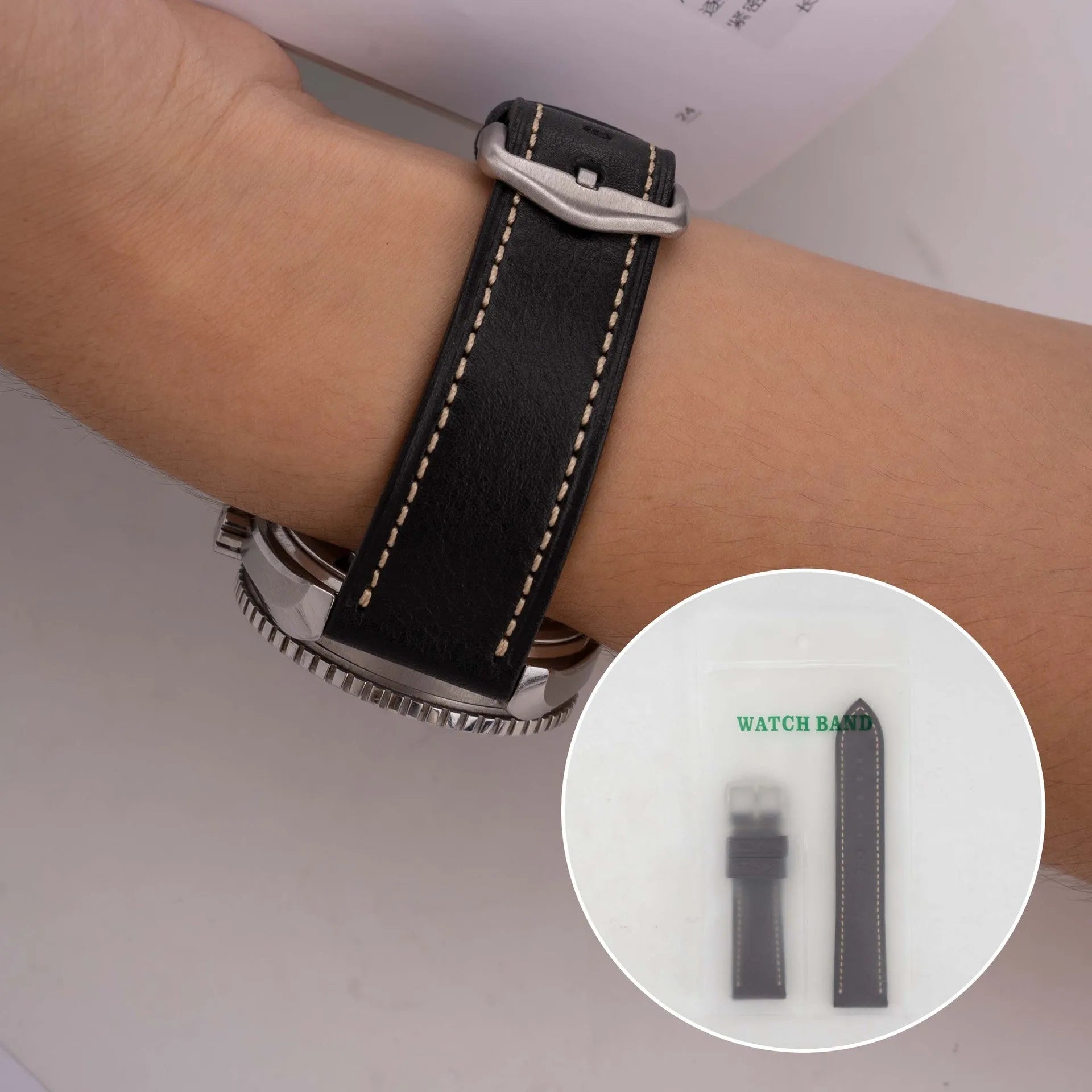 Retro pure cowhide leather watch strap with pin buckle in brown steel buckle finish 20mm width