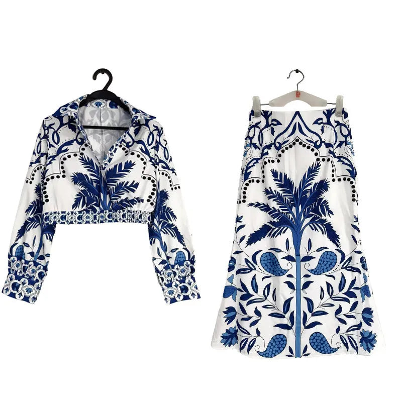 Women's floral print co-ord set with long sleeve top and matching long skirt trousers