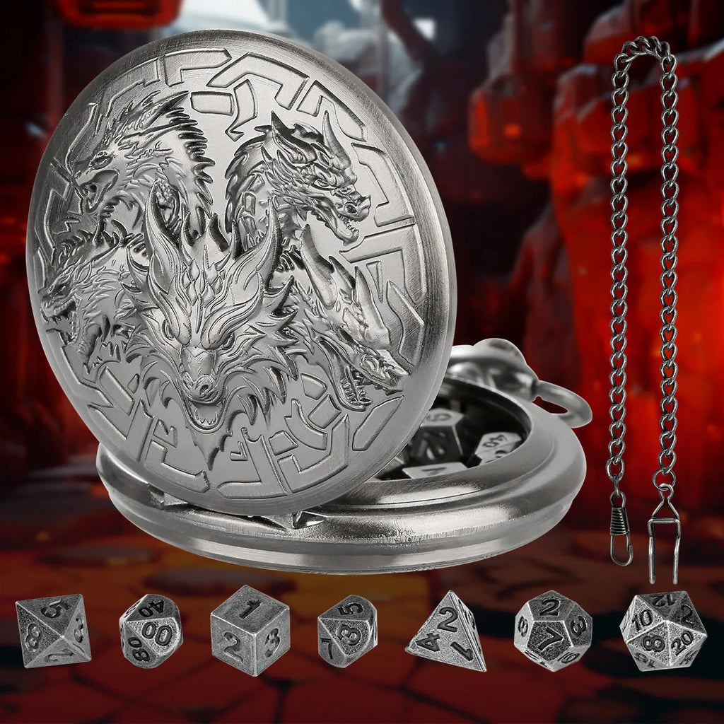 Steampunk pocket watch shaped dice set open revealing 7 polyhedral dice in zinc alloy bronze finish on dark background