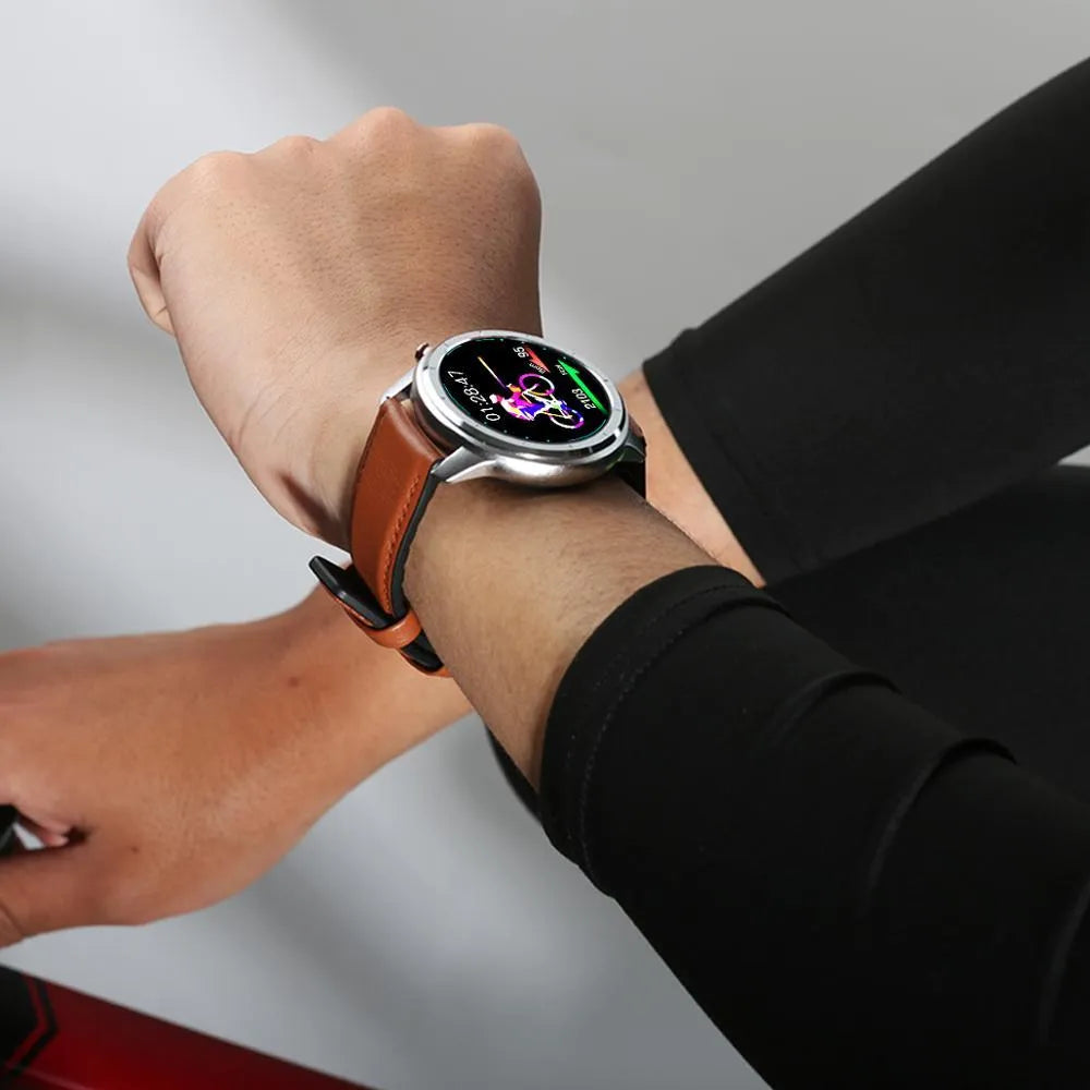 LEMFO LF26 smart bracelet on wrist showing 1.3-inch display, with touch and button controls, in a Brown Silver finish.