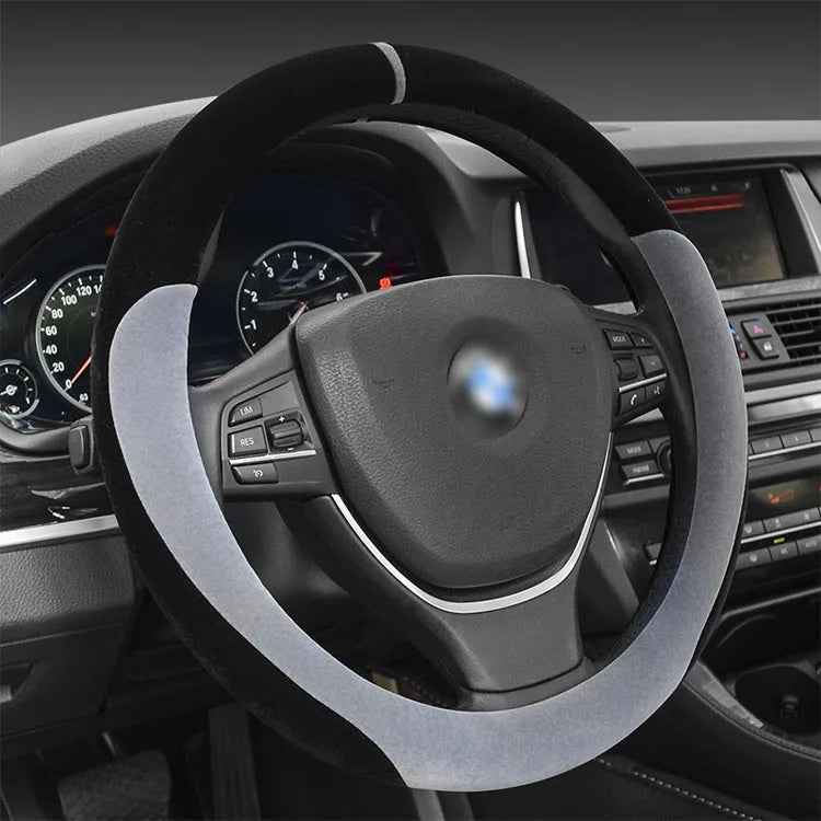 Winter short plush flocking steering wheel cover in black beige for 38cm medium steering wheels