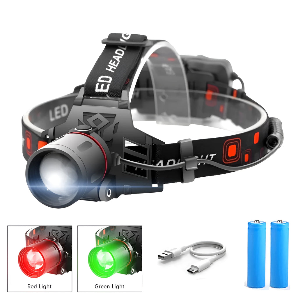 T6 LED zoom headlamp showing white, red, and green light modes with 18650 batteries and USB charger.