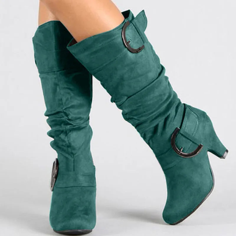Women's brushed velvet suede high cylinder boots in solid colour with tapered heel and round toe