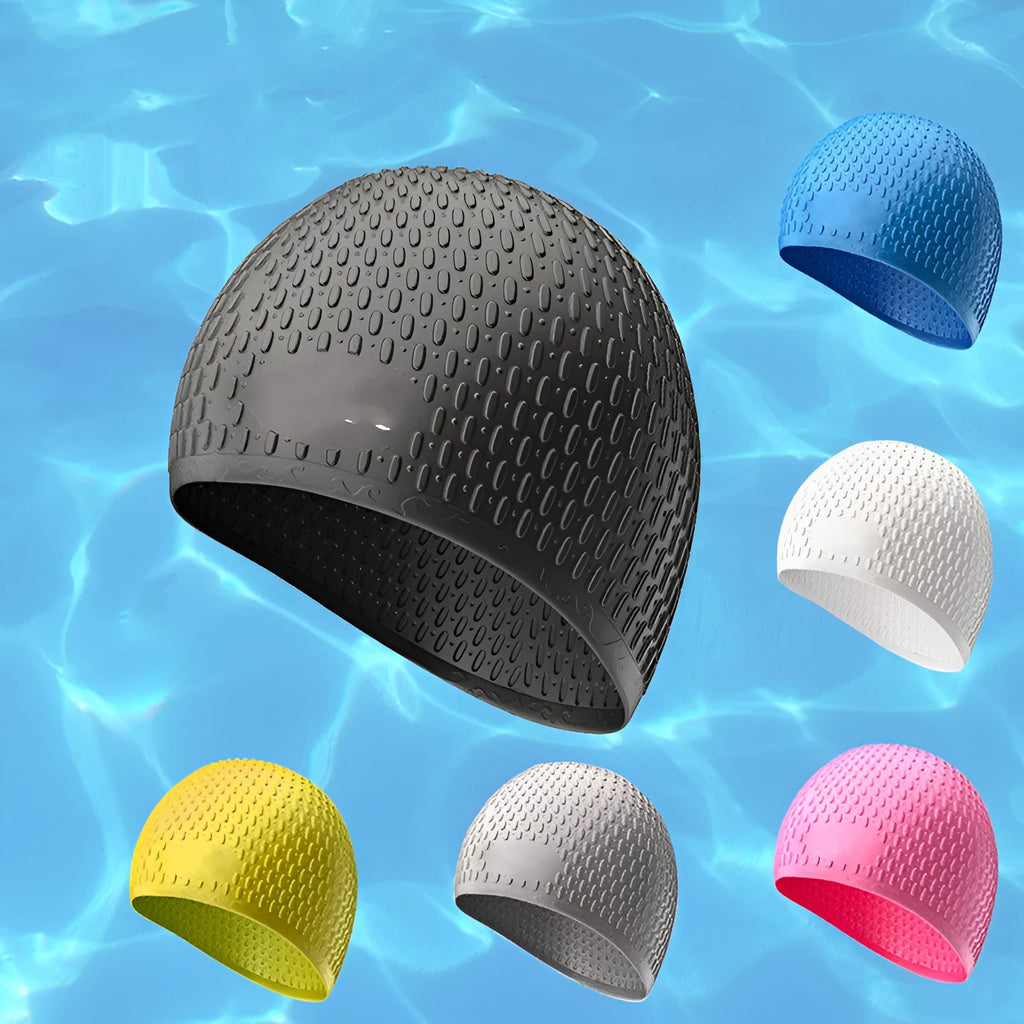 Solid colour silicone swimming cap for adults, shown in multiple colour options.