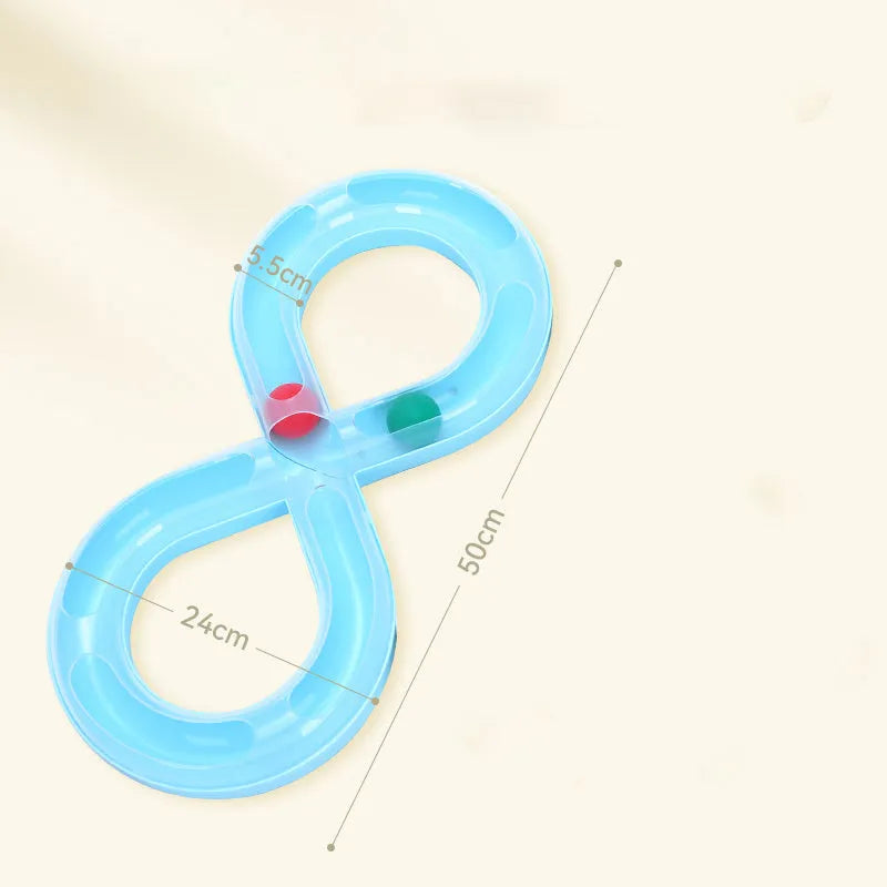 Blue and white cat toy set with turntable track ball system, teasing stick, and multiple balls