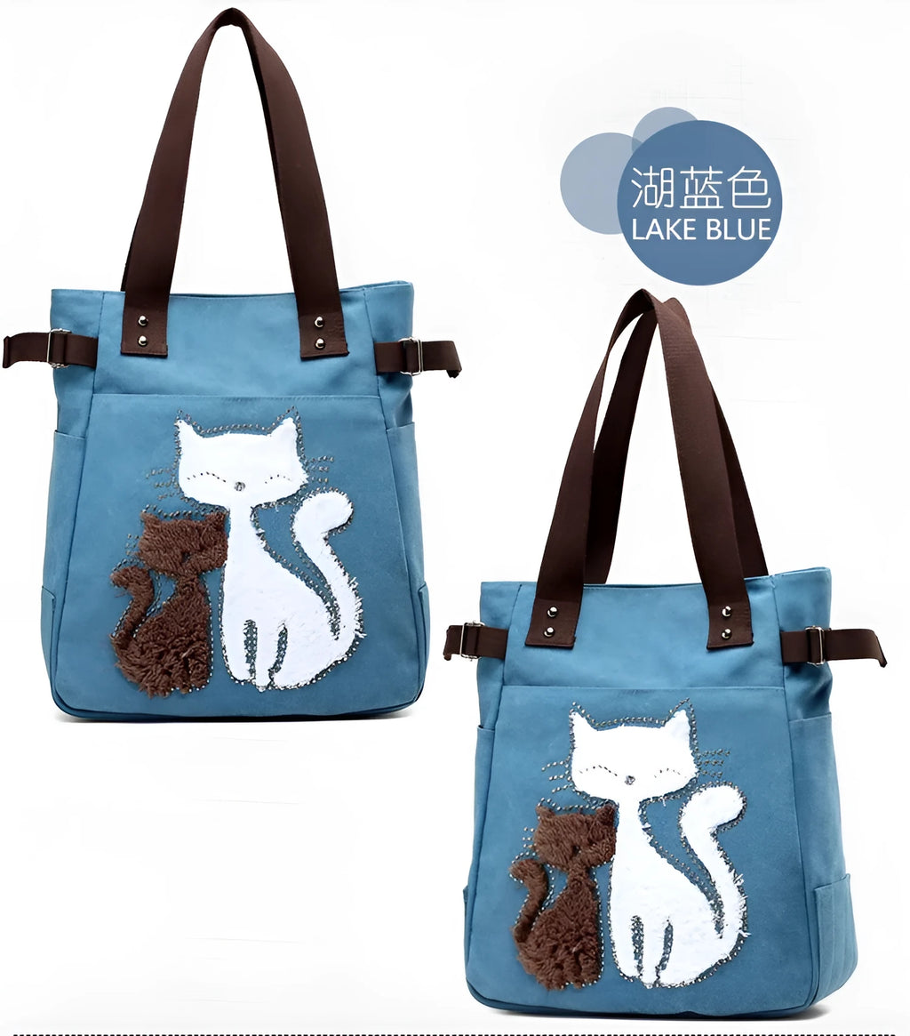 KVKY women canvas shoulder bag with cute plush cat applique in beige colour on white background