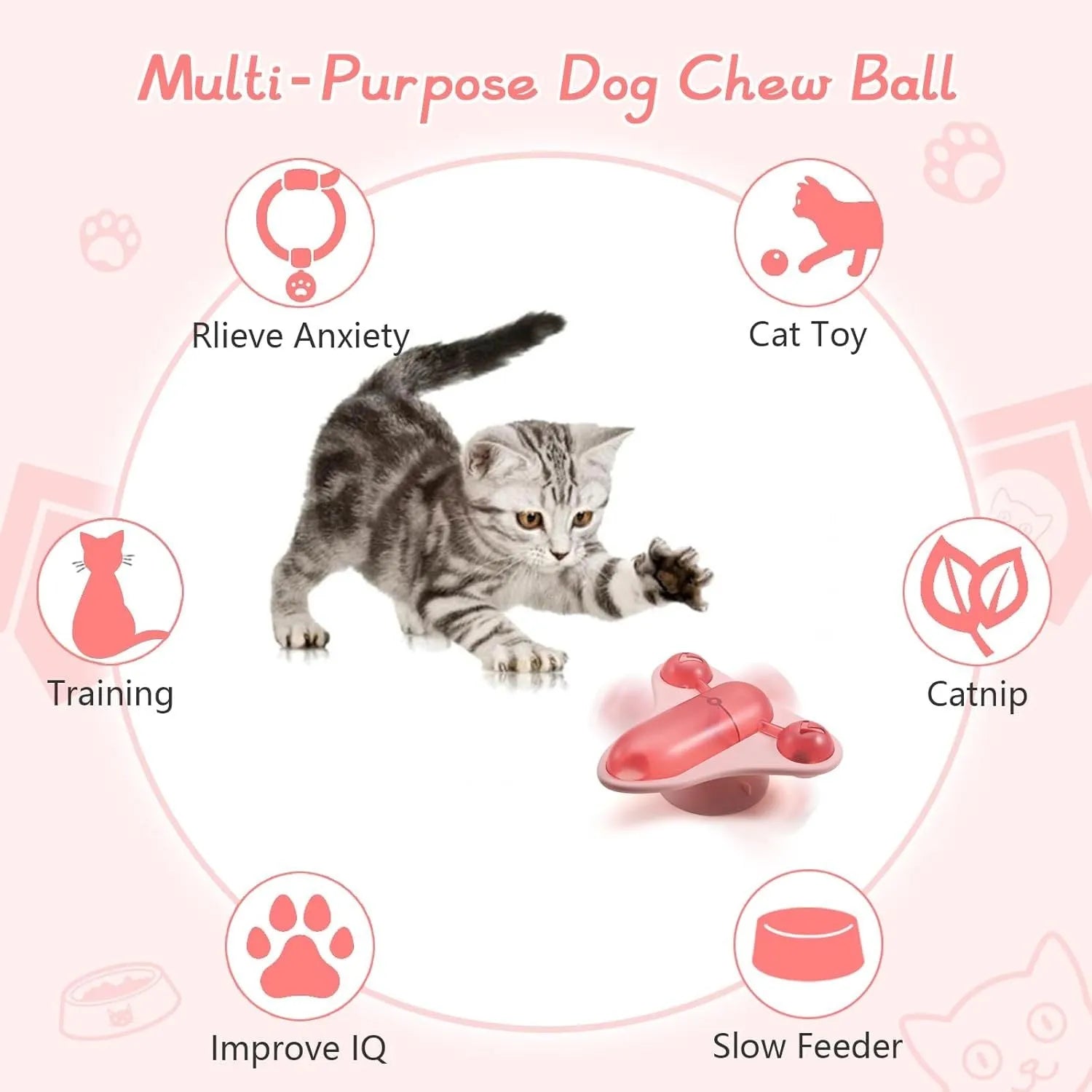 Interactive pet puzzle toy with suction cup base, central snack compartment, bell, and catnip insert