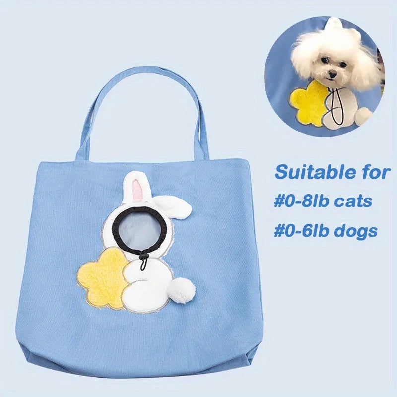 Canvas pet shoulder carrier bag with elastic side opening showing cat inside, available in blue, grey, yellow colours