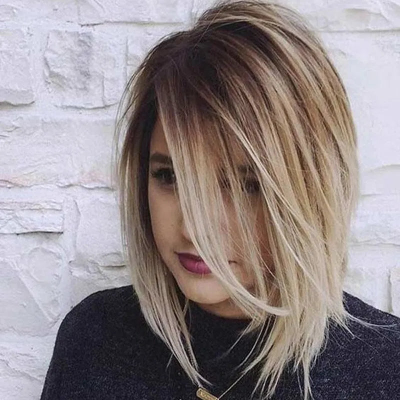 Short straight gold wig 16 inch length on a mannequin head for display