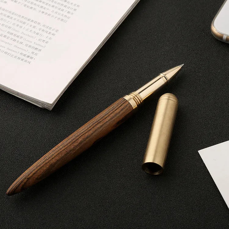 Brass sandalwood signature pen 14cm solid wood metal barrel ballpoint on white background